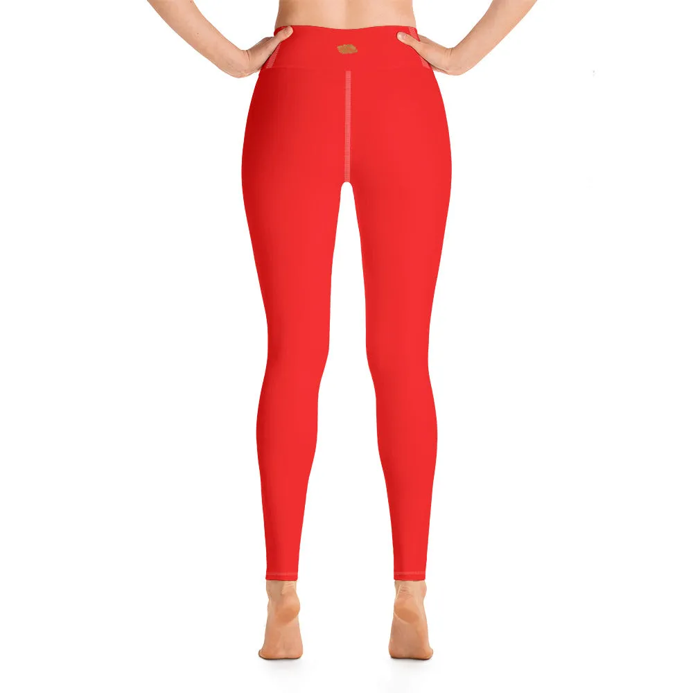 Bright Red Women's Leggings, Solid Color Active Wear Fitted Yoga Pants-Made in USA/EU