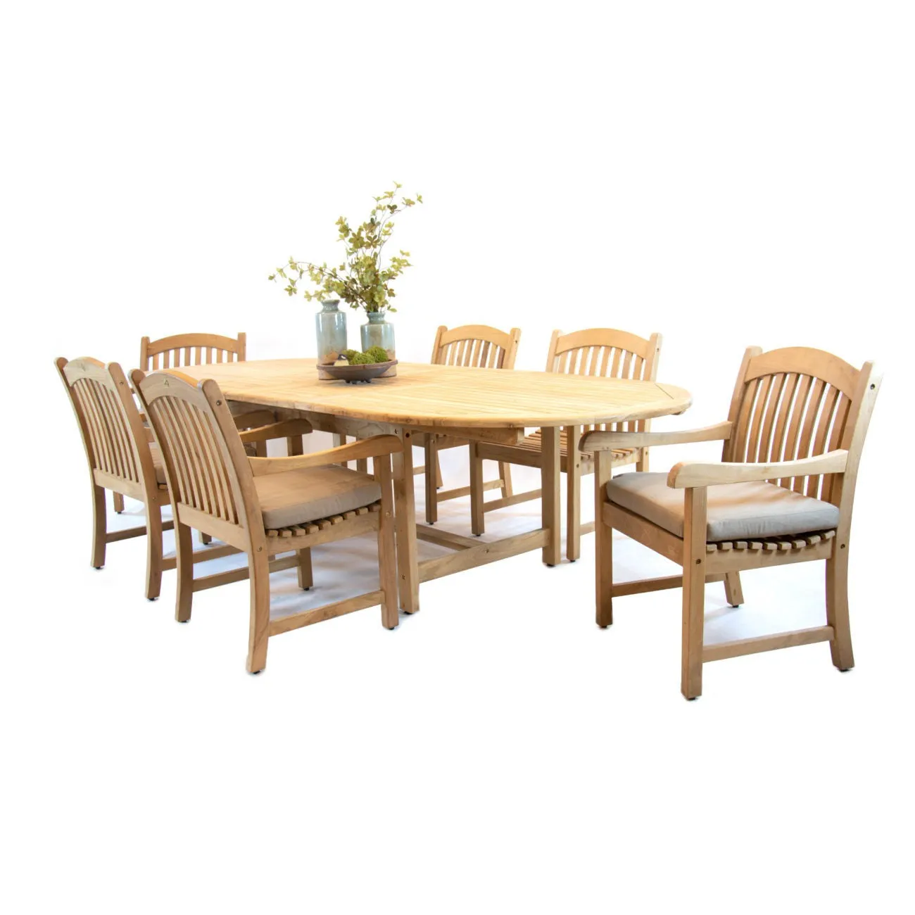 Harbour Teak Outdoor Dining Set (Teak Extendable Oval Table 71-95" with 6 Teak Tista Armchairs  FREE Cushions)